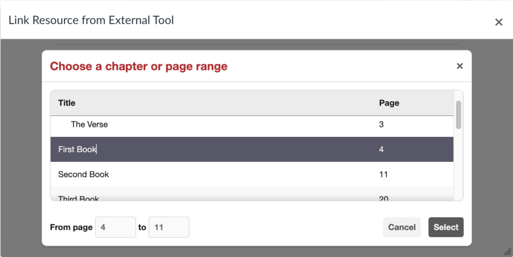 Select the chapter or page range to be assigned